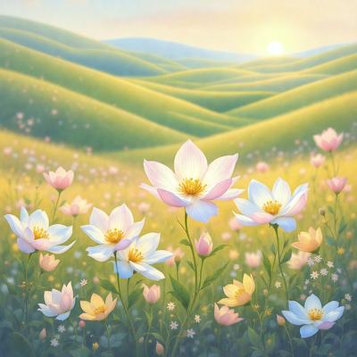 The primary subject of the image is a field of flowers, with a variety of different types of flowers blooming in the grass. The setting is a lush green hillside, providing a beautiful backdrop for the flowers. The visual style of the image is a painting, which adds a sense of artistic expression and vibrancy to the scene. The colors and mood of the image are predominantly warm and inviting, with the flowers creating a sense of natural beauty and tranquility.